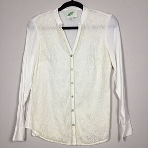 Creamy white gauzy button down cotton shirt with gold metallic lace and edging S